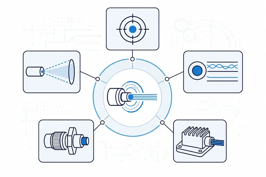 Infographic connecting required output, core and numerical aperture, fiber type, termination, and package choices.