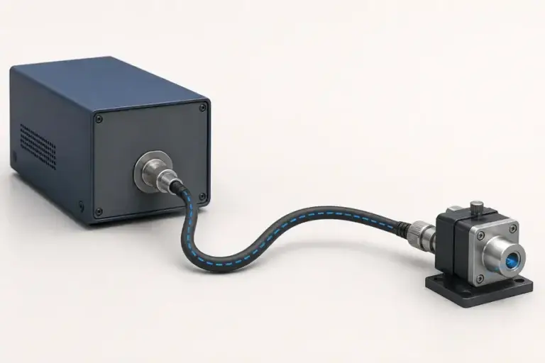 Conceptual editorial scene of a compact laser source connected by an optical fiber to a downstream optical interface.