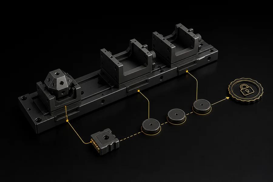 Conceptual production test station showing identical fixture clamps, a controlled check artifact, synchronized test software, and serial-linked release records.