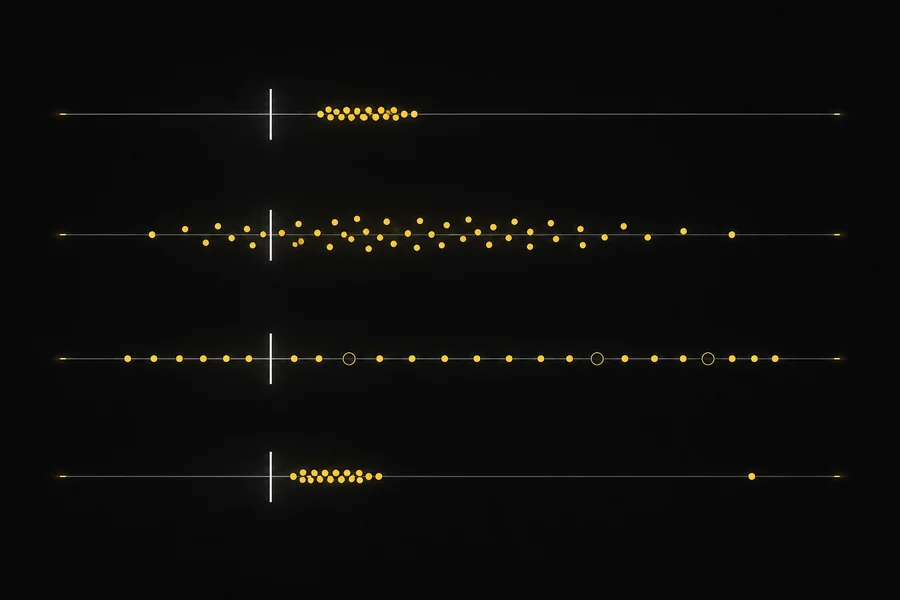 Conceptual result fingerprints separating distance bias, short-term spread, invalid returns, and isolated outliers without representing measured product data.
