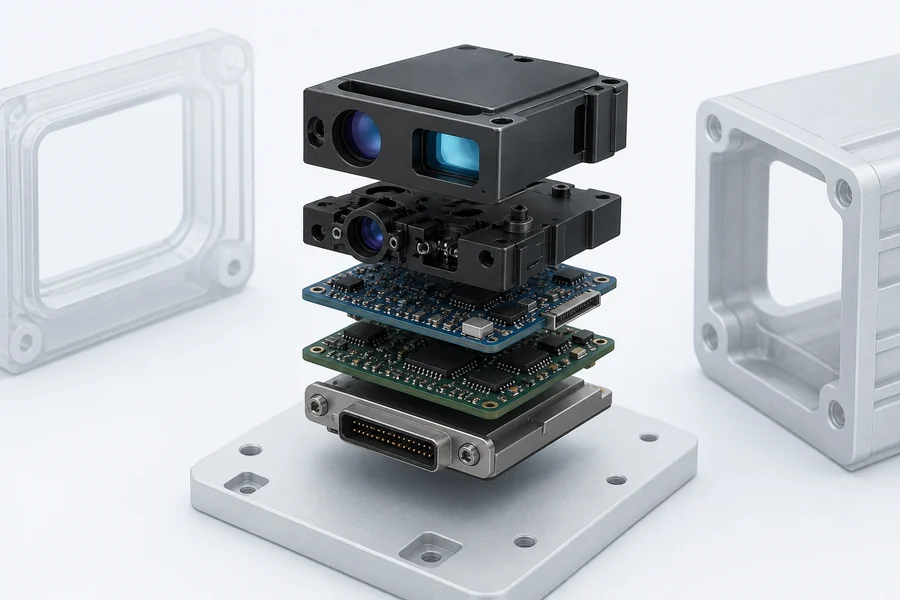 Exploded OEM rangefinder module concept showing the integrated optical, electronic, processing, and interface functions delivered inside one module boundary.
