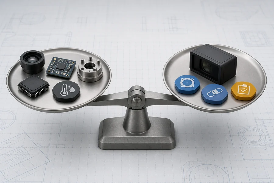 Qualitative decision balance comparing the engineering ownership retained with a sensor-level design and the defined interface work retained with an OEM module.