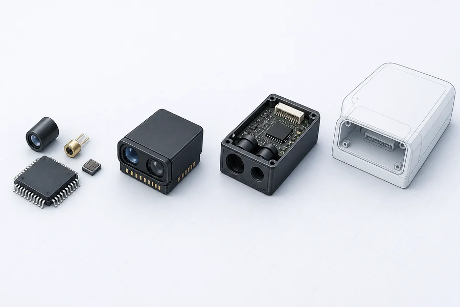 Conceptual inspection sequence separating sensing elements, packaged ToF sensors, rangefinder modules, and complete host products.