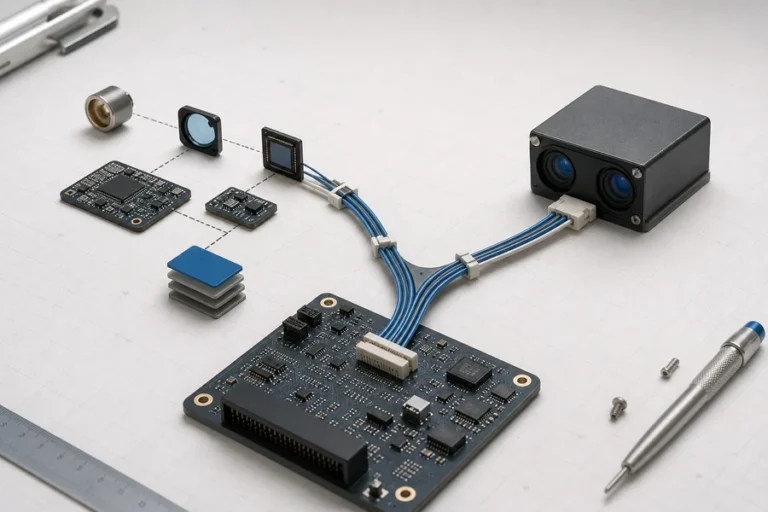 Conceptual OEM integration bench showing how a ranging sensor and a complete rangefinder module leave different engineering work to the host system.