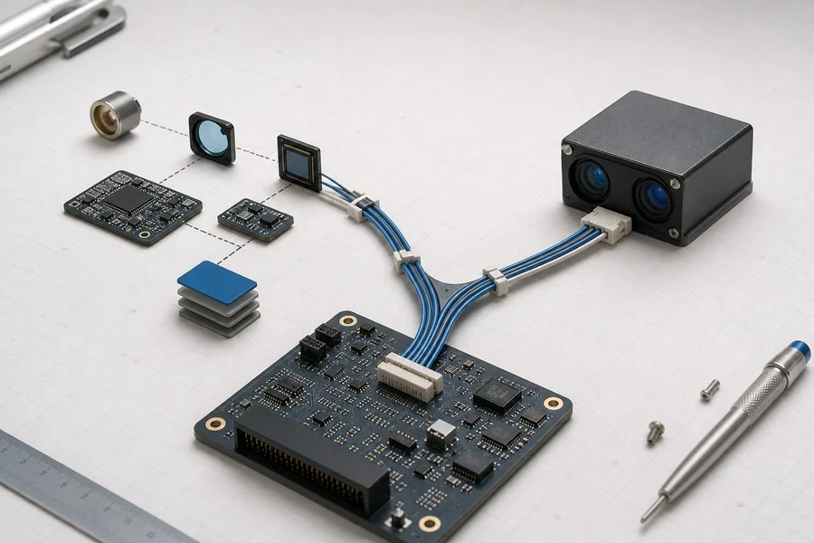 Conceptual OEM integration bench showing how a ranging sensor and a complete rangefinder module leave different engineering work to the host system.