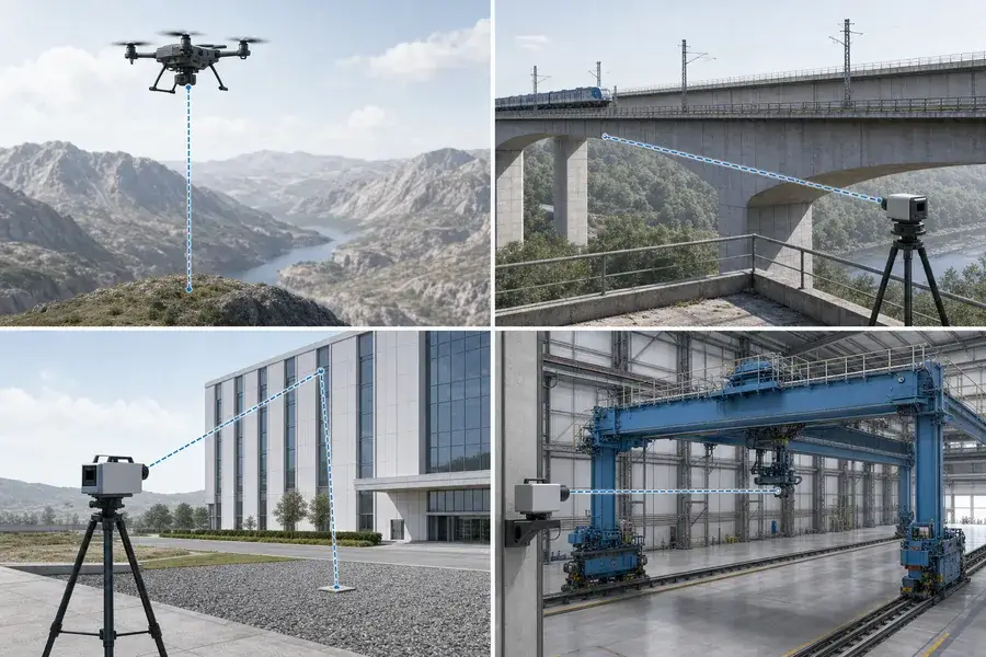 Four conceptual applications for long-range laser ranging: airborne remote sensing, railway and bridge inspection, surveying, and large-scale industrial measurement.