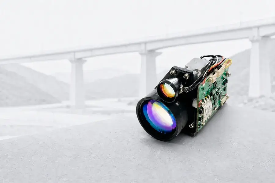 Lumexis 1535 nm laser rangefinder module in a conceptual civil infrastructure measurement setting.
