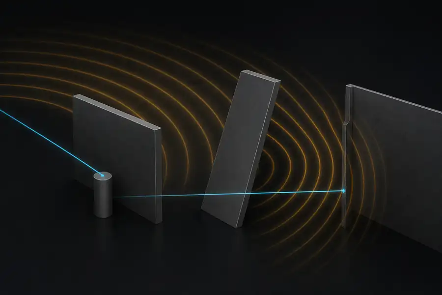 Conceptual diagram showing a narrow optical spot and a broader ultrasonic response region encountering small, angled, and adjacent targets.