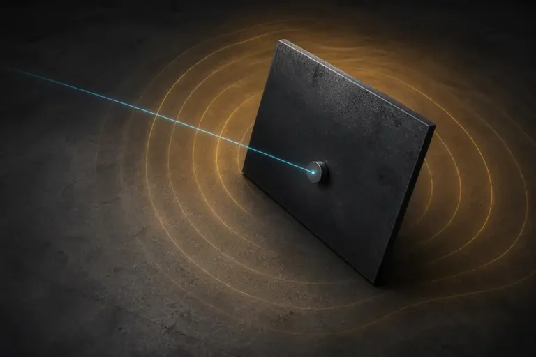 Conceptual comparison of a narrow optical ranging spot and a broad ultrasonic response region reaching an angled industrial target.