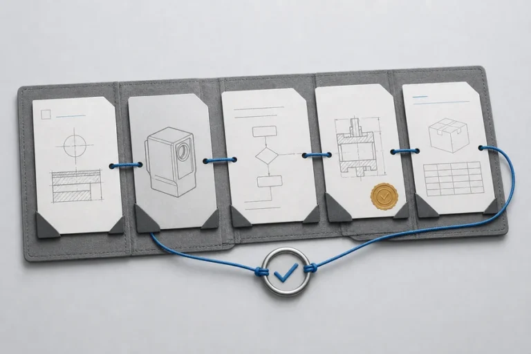 Conceptual supplier evidence dossier connecting an OEM requirement to sample, process, document, and production records.