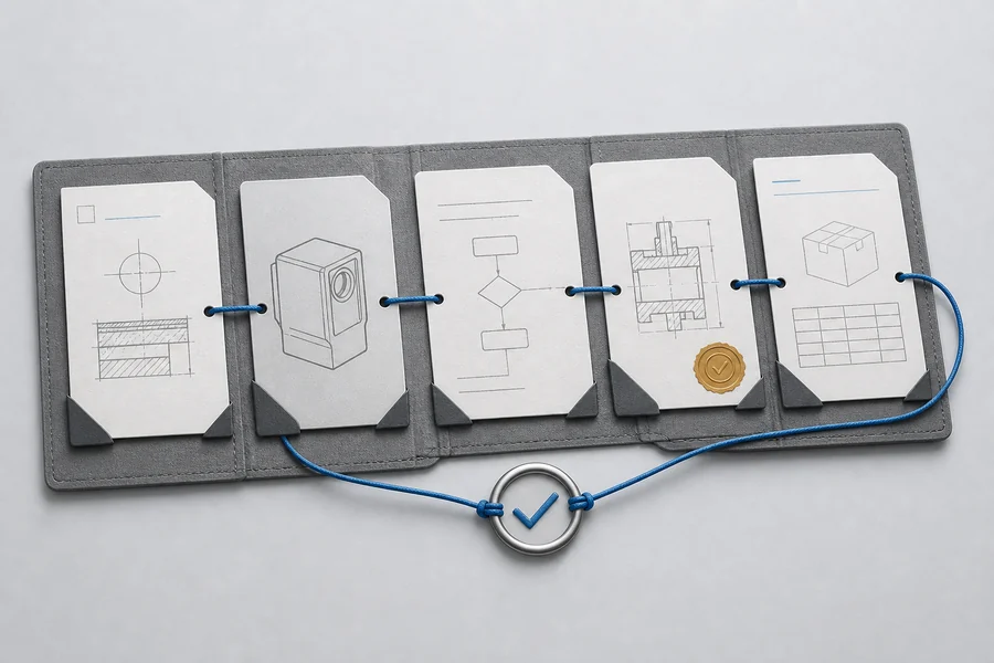 Conceptual supplier evidence dossier connecting an OEM requirement to sample, process, document, and production records.