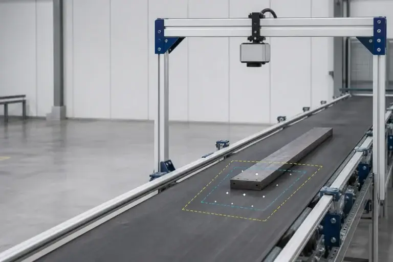 Conceptual industrial ranging head measuring a narrow moving target within an angular pointing-tolerance envelope.