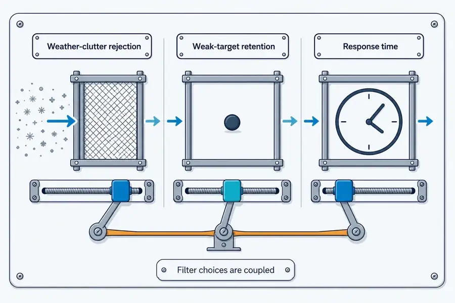 Conceptual tradeoff among weather-clutter rejection, weak-target retention, and laser rangefinder response time.