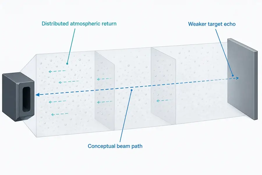 Conceptual depth diagram showing fog producing distributed near returns while weakening the desired laser rangefinder target echo.