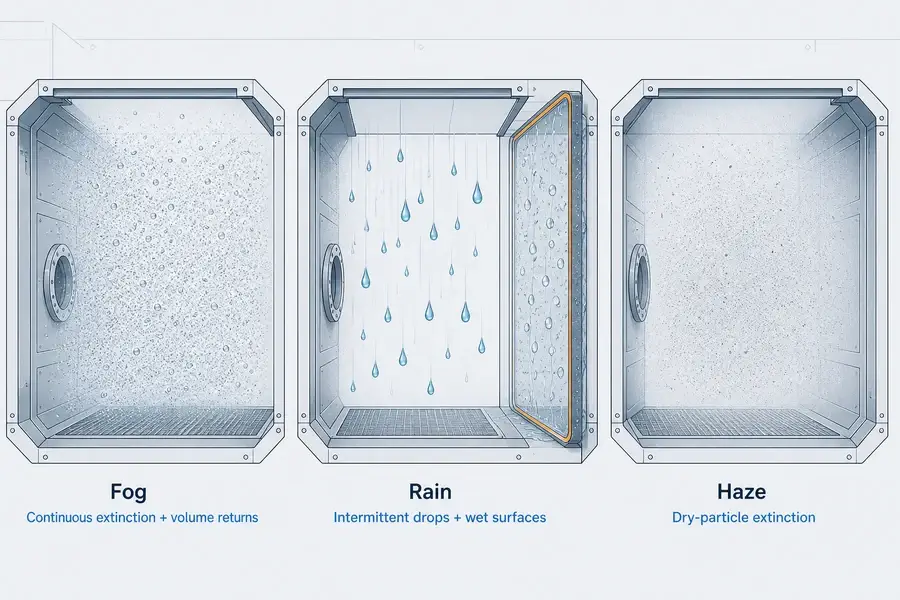 Comparison of fog droplets, rain and window wetting, and dry haze particles as different laser ranging failure mechanisms.