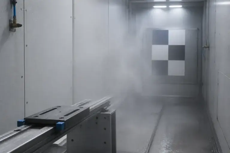 Conceptual controlled weather chamber with a distant reference target partially obscured by a shallow fog layer.