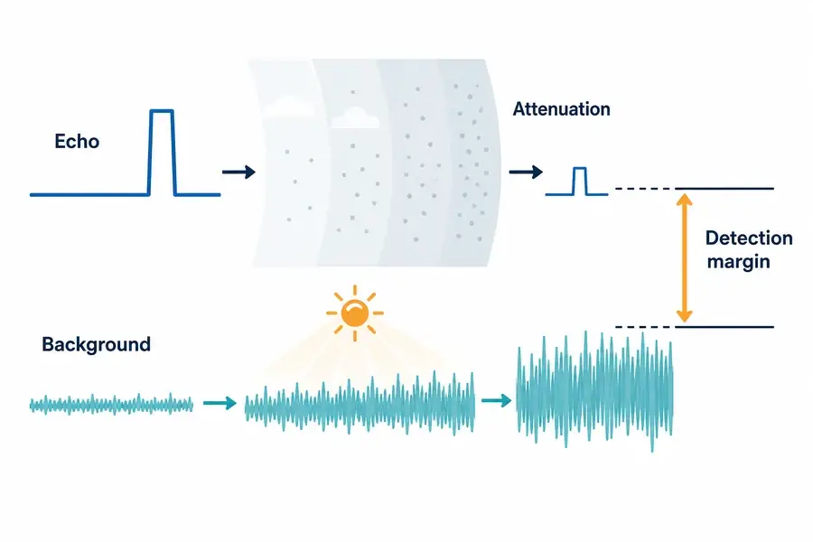 Conceptual diagram showing atmospheric loss reducing the echo while ambient light raises receiver noise