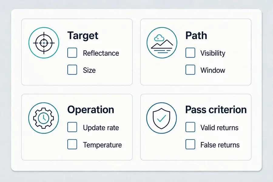Checklist of target, atmosphere, optics, operating mode, and pass criteria for comparing range specifications