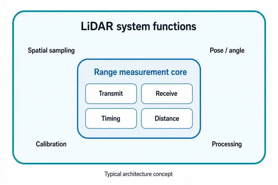 Typical architecture concept showing a laser range measurement core within LiDAR spatial sampling, calibration, and processing functions.