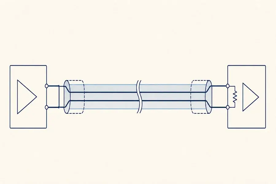 Conceptual point-to-point differential cable route with endpoint termination