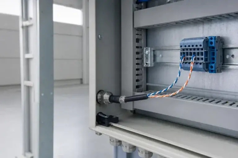 Conceptual installed shielded cable entering an industrial controller enclosure