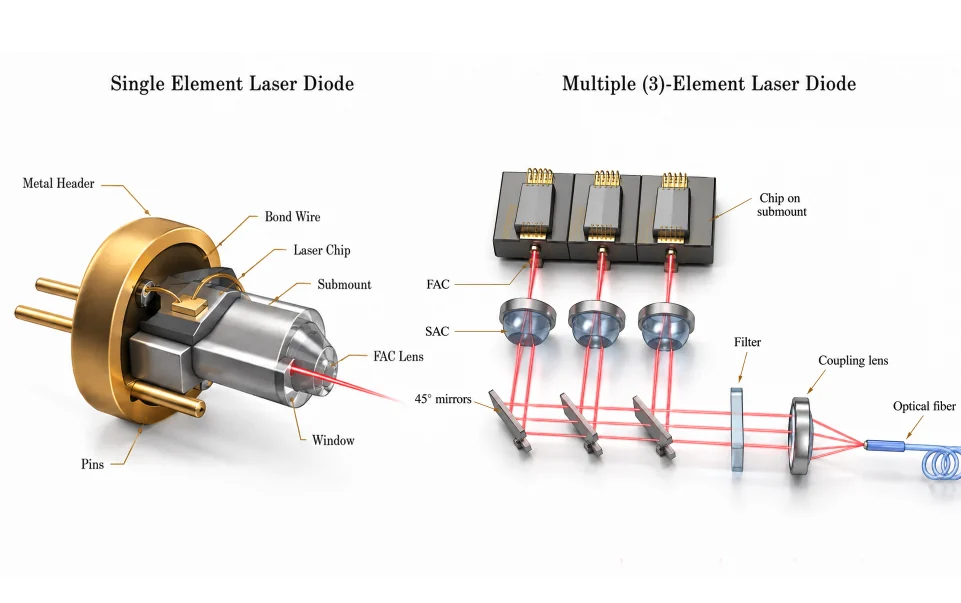 Construction of a single element laser diode and a three element multi-emitter fiber coupled laser diode module