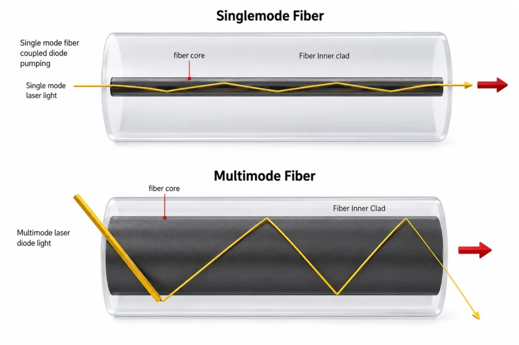 Diagram comparing single mode fiber and multimode fiber core size for fiber coupled laser diodes