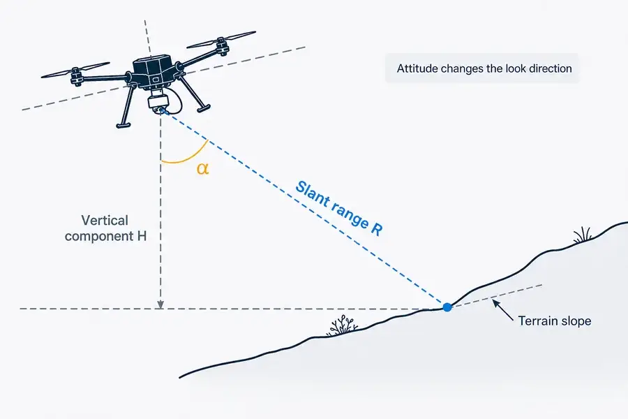 Geometry diagram showing slant range, vertical component, platform attitude, and terrain slope.