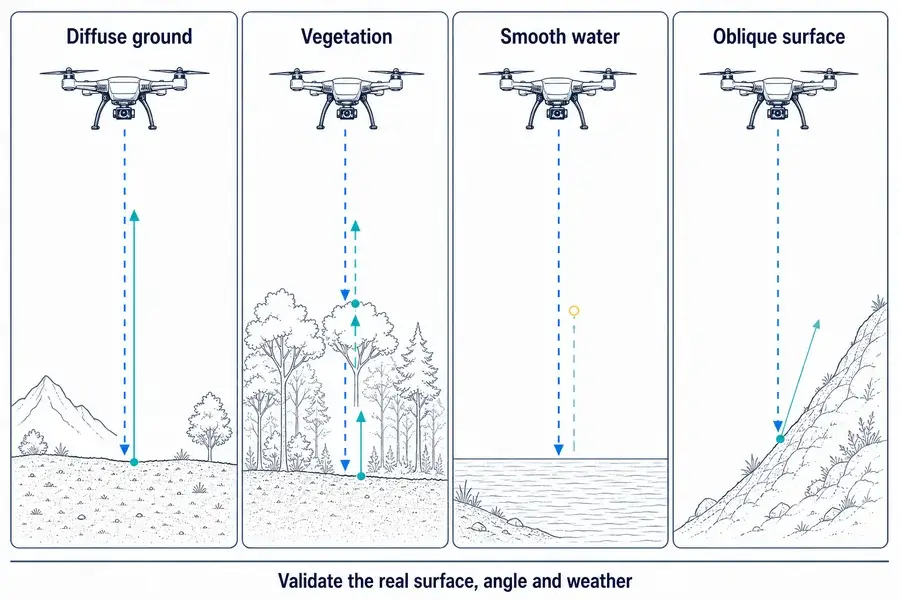 Comparison of diffuse ground, vegetation, smooth water, and oblique-surface return conditions for airborne ranging.