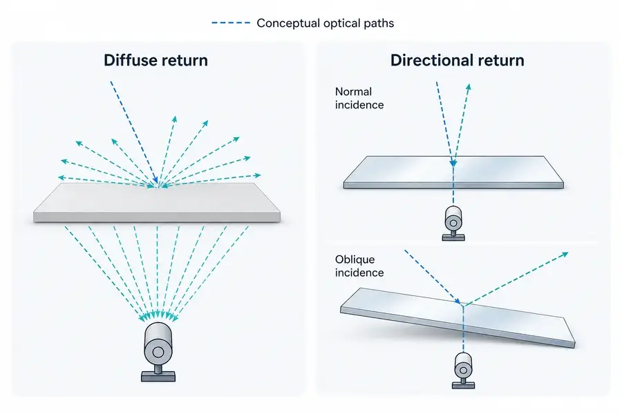 Comparison of broad diffuse return and directional glossy return at normal and oblique incidence, with conceptual optical paths.