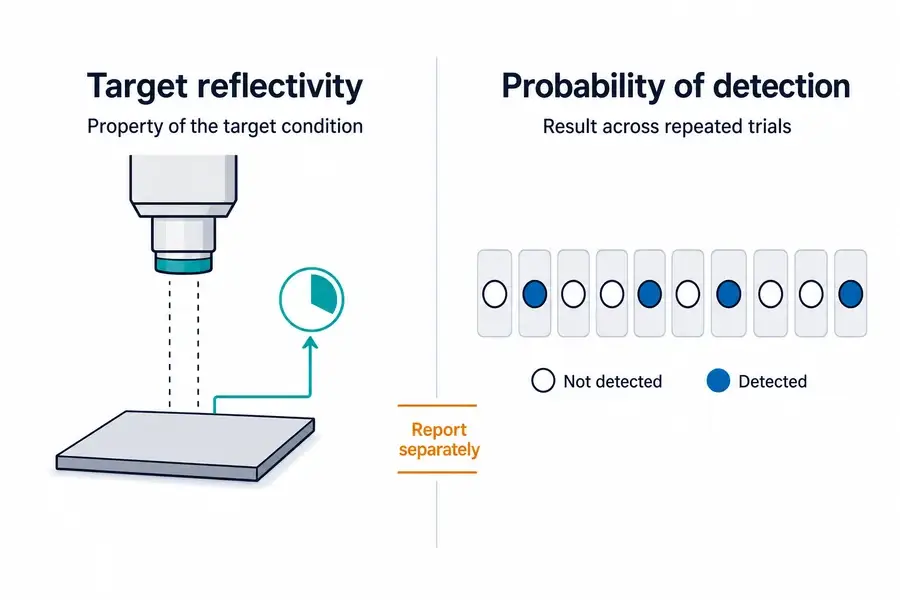 Two independent measurement concepts separating target reflectivity from probability of detection.