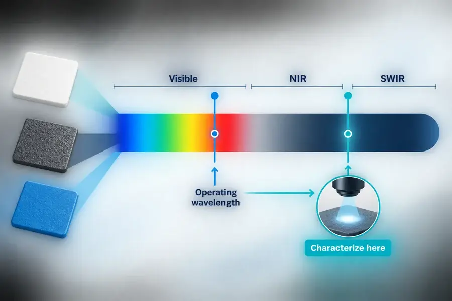 Conceptual spectral reflectance bands showing why a target must be characterized at the rangefinder operating wavelength.