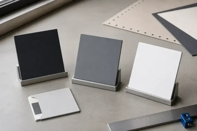 Three neutral reference panels representing low, medium, and high target reflectivity in a controlled optical measurement concept.