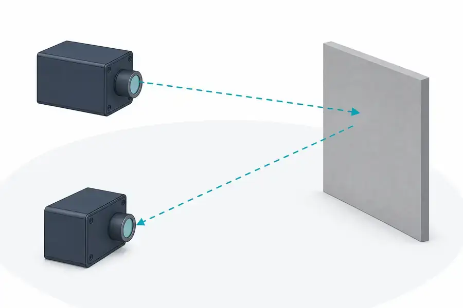 Conceptual diagram of a pulsed laser rangefinder module measuring the round-trip time of a reflected signal.
