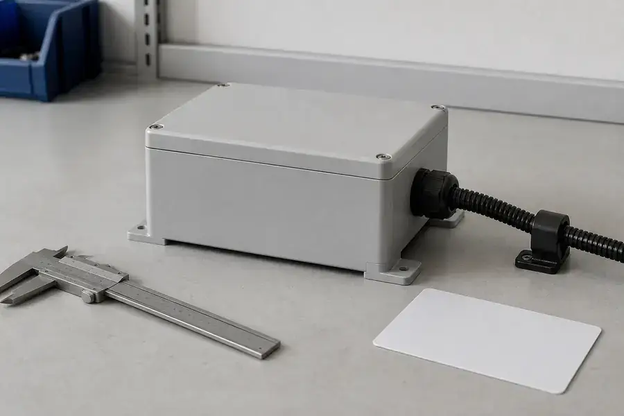 Conceptual closed industrial enclosure with protected cable route