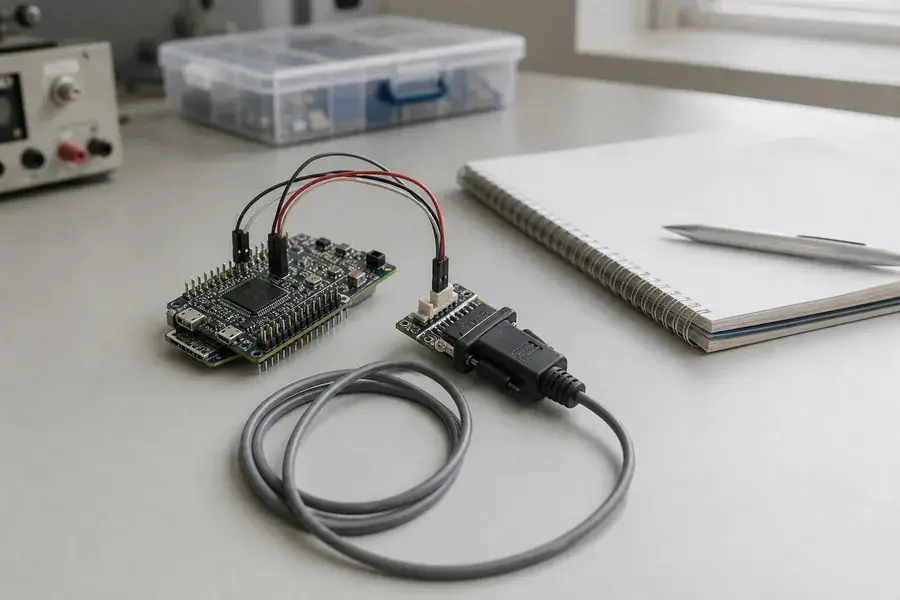 Conceptual embedded integration bench with controller board and cable