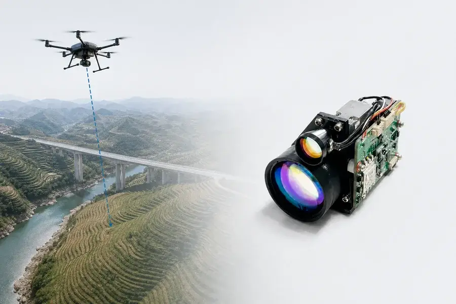 Lumexis laser rangefinder module beside a conceptual civil UAV measuring terrain and bridge infrastructure