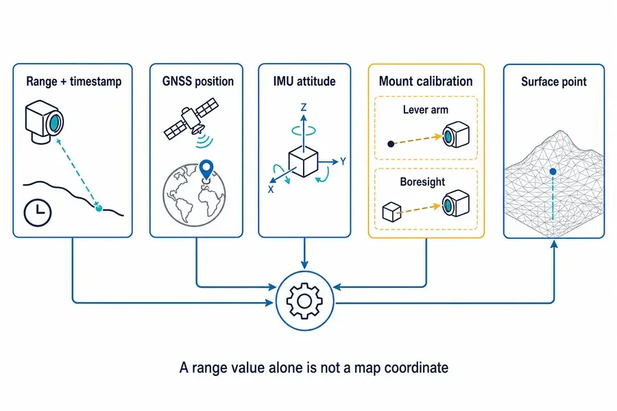 Signal-flow diagram showing range and timestamp, GNSS position, IMU attitude, lever arm, and boresight contributing to a surface point.