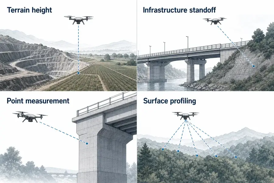 Four civil airborne laser ranging applications: terrain height, infrastructure standoff, point measurement, and surface profiling.