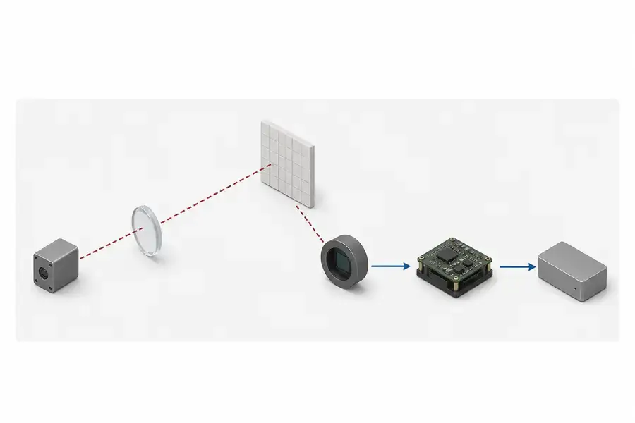 Conceptual signal flow linking transmit optics, target return, receiver electronics, and a host controller