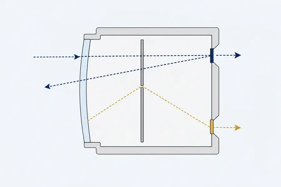 Conceptual optical enclosure section with window, baffle, and two conceptual paths