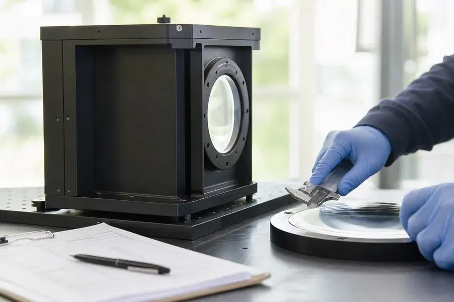 Optical-window inspection context with a technician measuring a clean component at a daylight bench