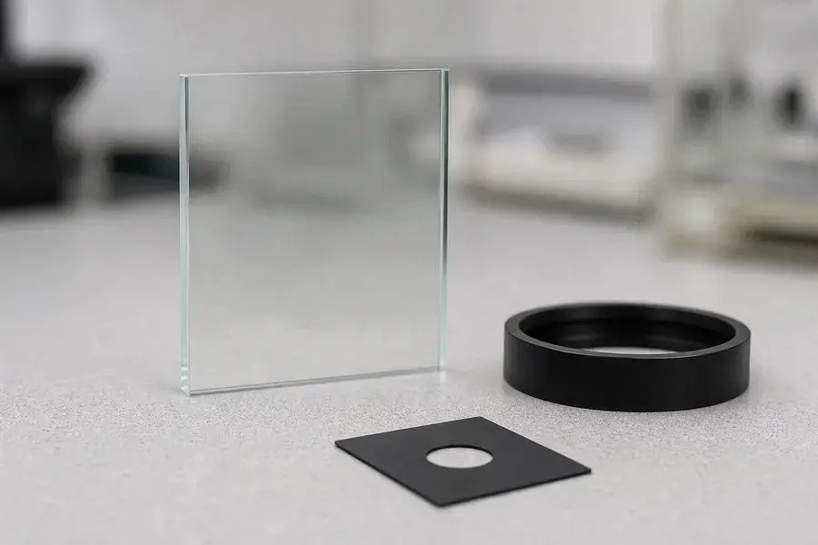 Clear optical window, aperture card, and light-blocking ring used as an optical-stack context illustration