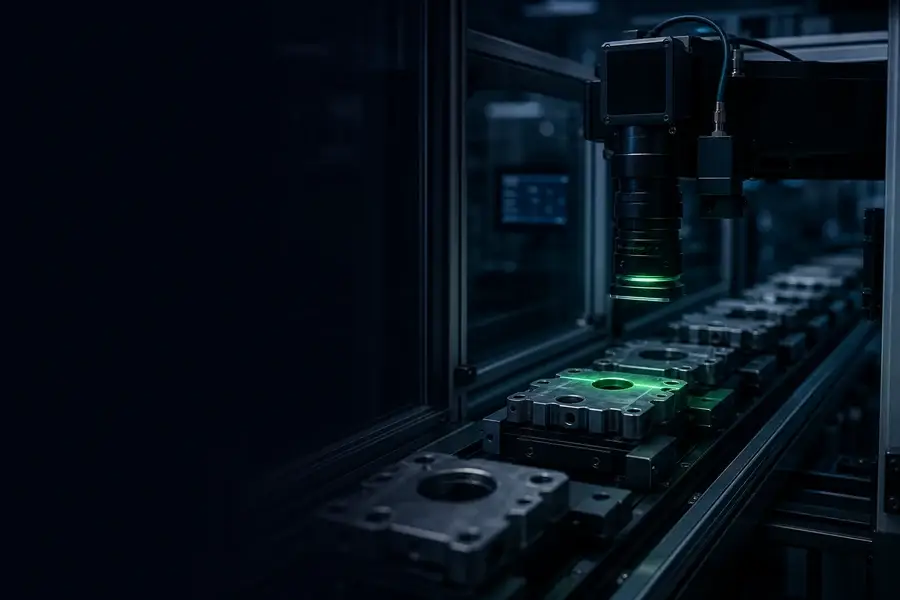 Enclosed machine-vision station using controlled 525 nm green illumination to inspect precision metal components