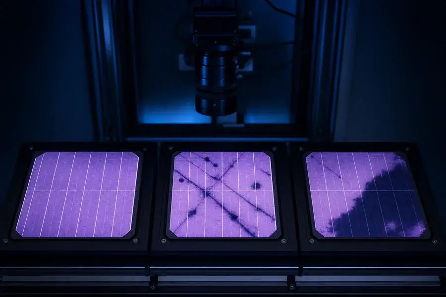Conceptual photovoltaic photoluminescence maps showing uniform, cracked and inactive regions