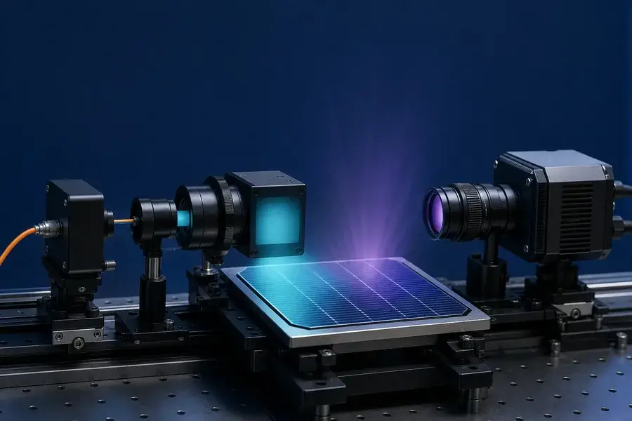 PV photoluminescence optical chain with fiber laser, homogenizer, solar cell, filter and camera