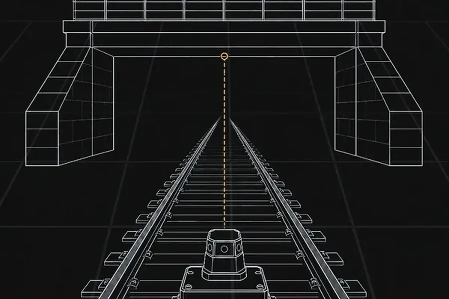 Conceptual rail corridor geometry with laser measurement points and a clearance structure