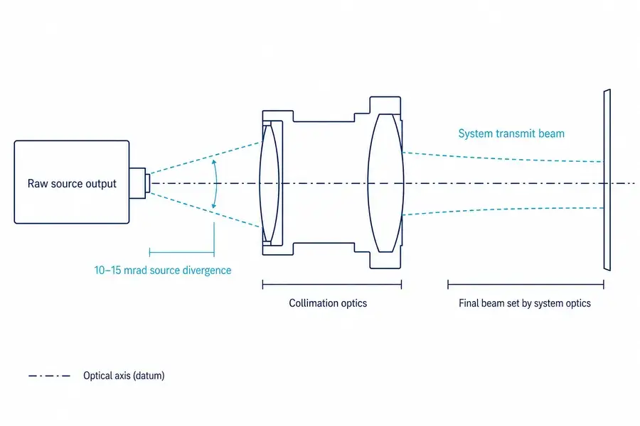 Optical integration diagram showing raw 10–15 mrad source divergence, collimation optics, and the final system transmit beam.