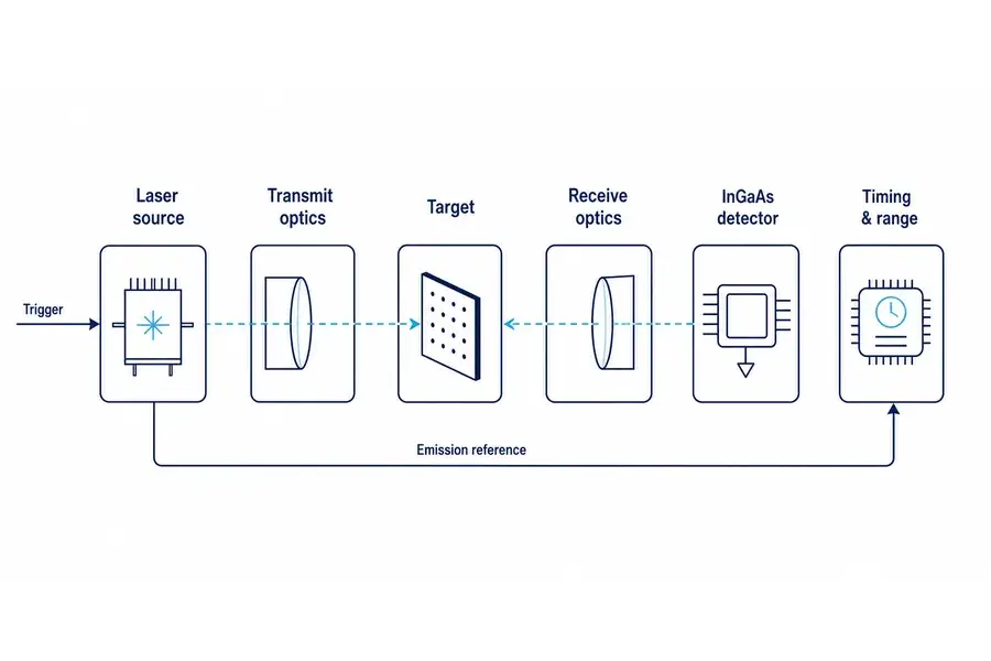 System architecture from a 1535 nm laser source through transmit optics, target, receive optics, InGaAs detector, and timing electronics.