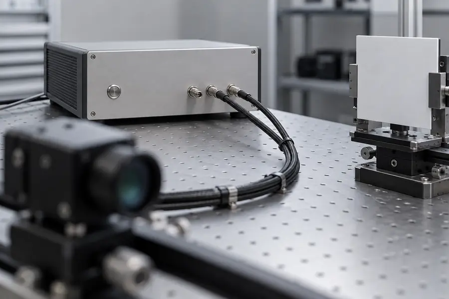 Conceptual direct time-of-flight measurement workbench with generic timing hardware, shielded cables, a neutral target fixture, and an out-of-focus optical enclosure.